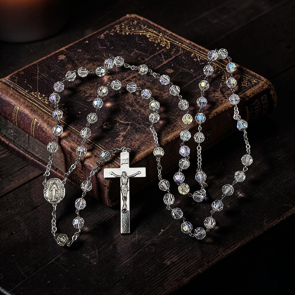 Vintage Antaya Sterling Silver Rosary AB Crystal Beads Miraculous Medal Catholic